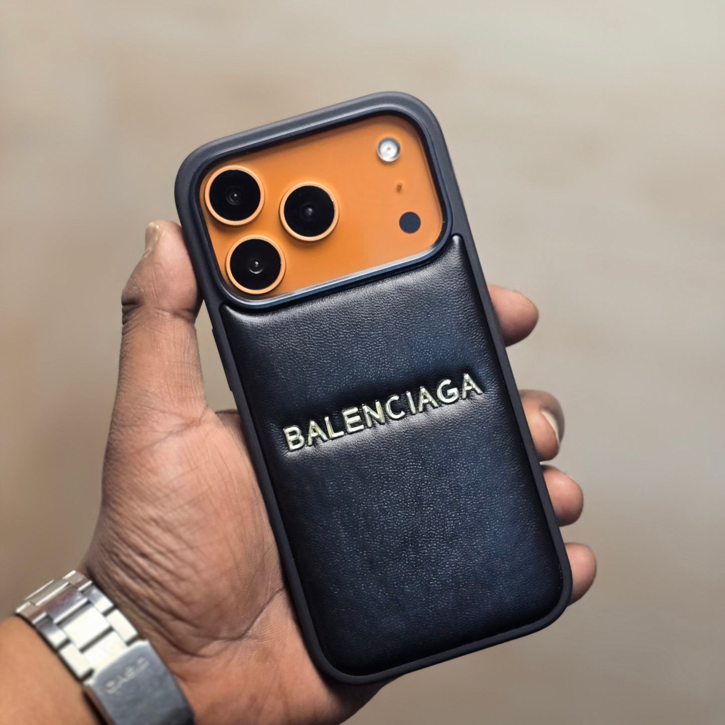 iPhone 17 Pro Leather Case Luxury Pattern with Plated Logo - Black