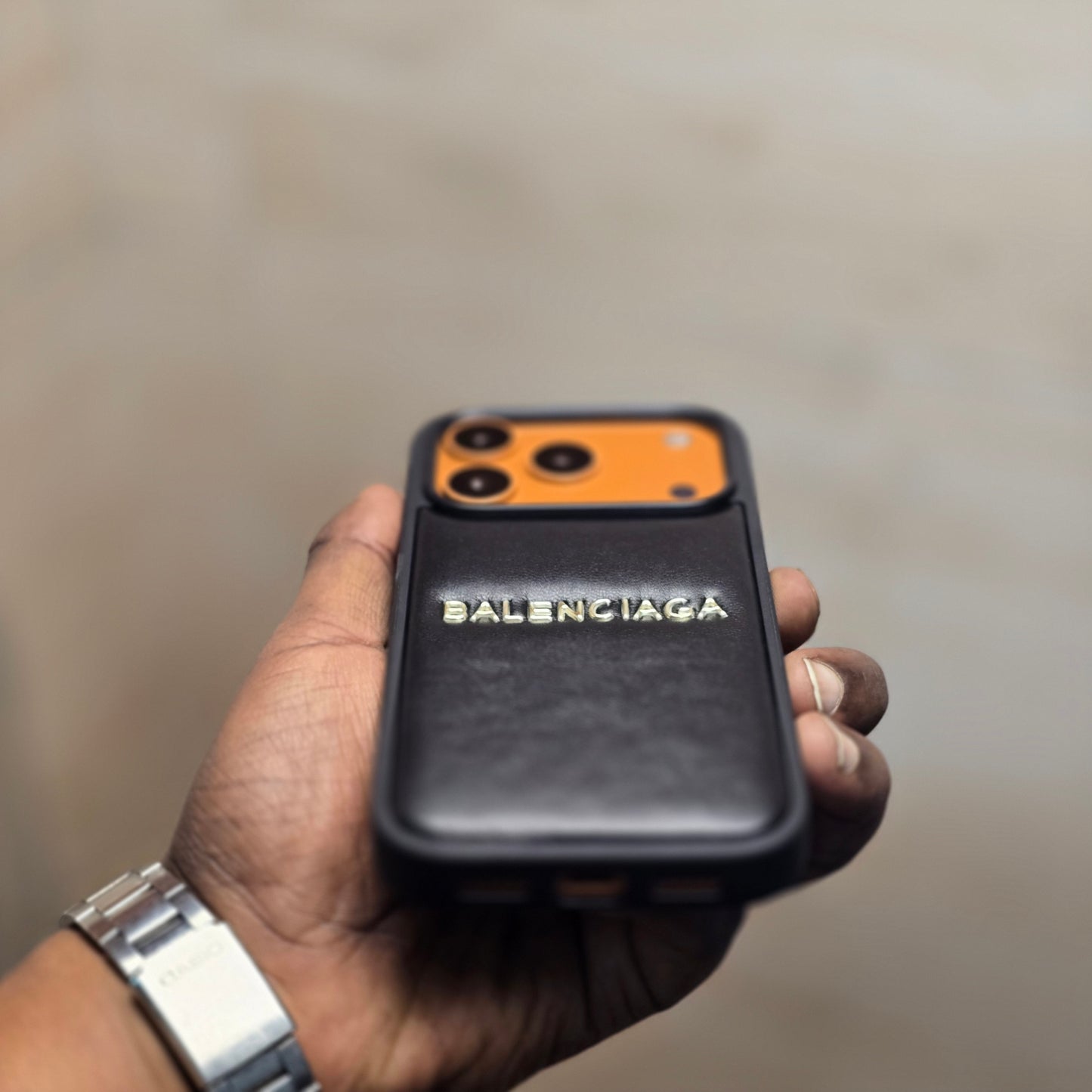 iPhone 17 Pro Leather Case Luxury Pattern with Plated Logo - Black