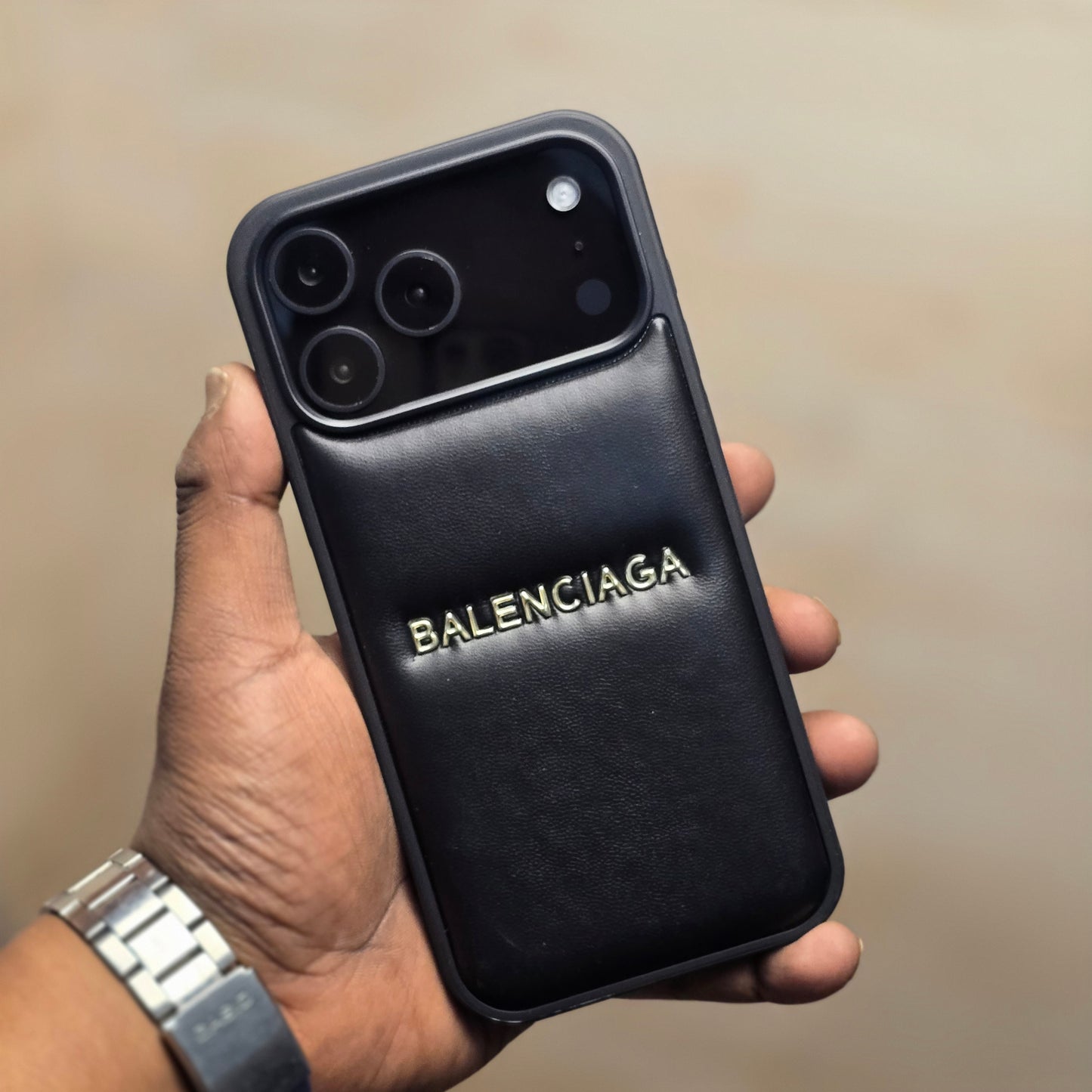 iPhone 17 Pro Leather Case Luxury Pattern with Plated Logo - Black