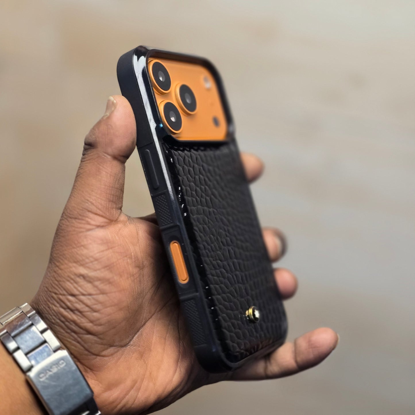 iPhone 17 Pro Leather Case Luxury Pattern with Plated Logo - Black