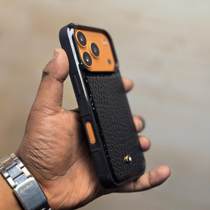 iPhone 17 Pro Leather Case Luxury Pattern with Plated Logo - Black