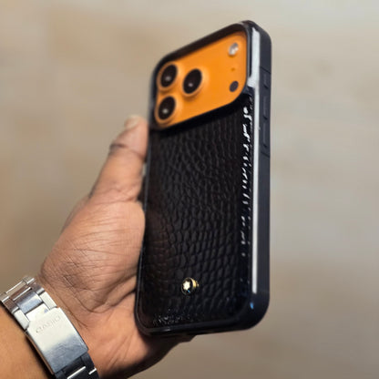 iPhone 17 Pro Leather Case Luxury Pattern with Plated Logo - Black