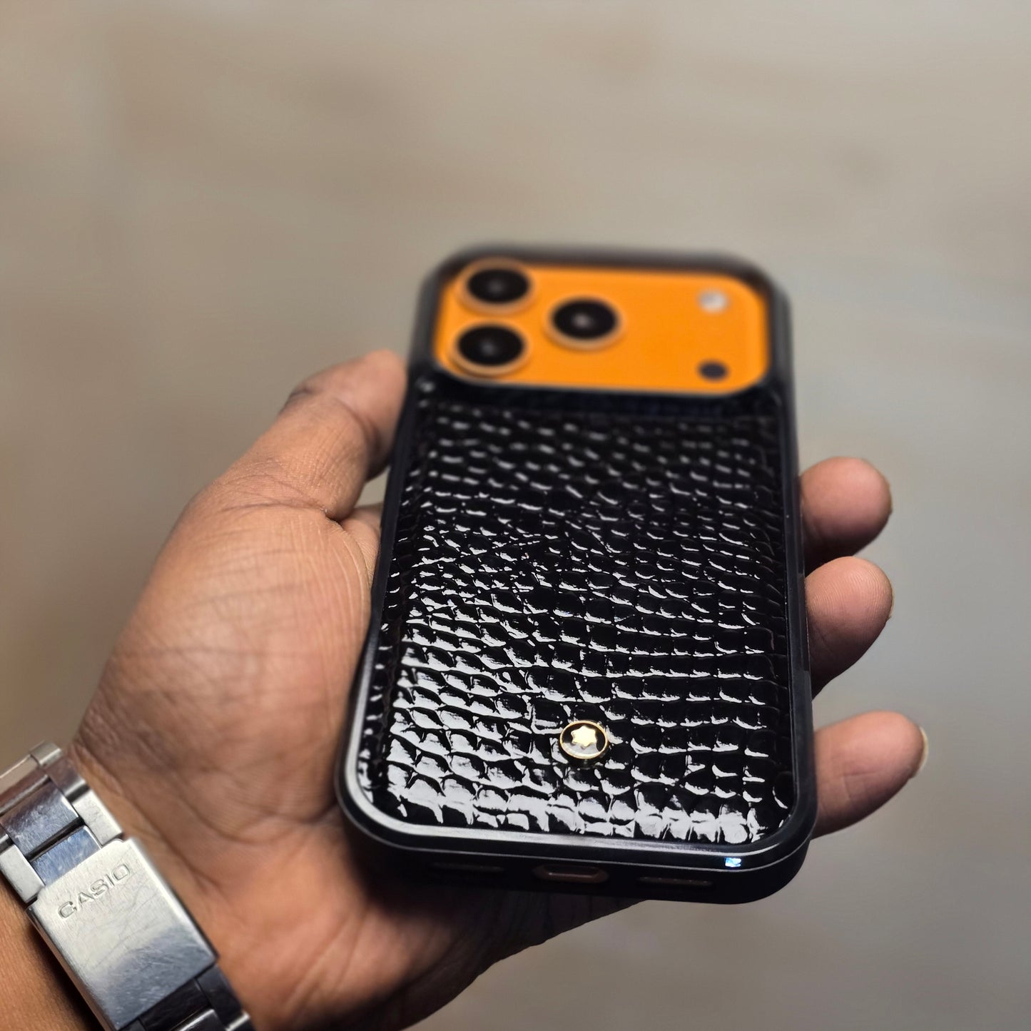 iPhone 17 Pro Leather Case Luxury Pattern with Plated Logo - Black