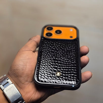 iPhone 17 Pro Leather Case Luxury Pattern with Plated Logo - Black