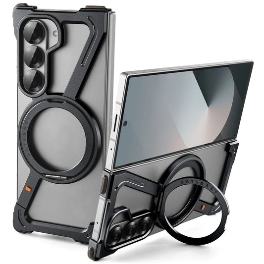 Samsung Galaxy Z Fold 6 Luminous Metal Z Shape framless Bumper with Built-in Magsafe & 360° Rotation Holder - Black