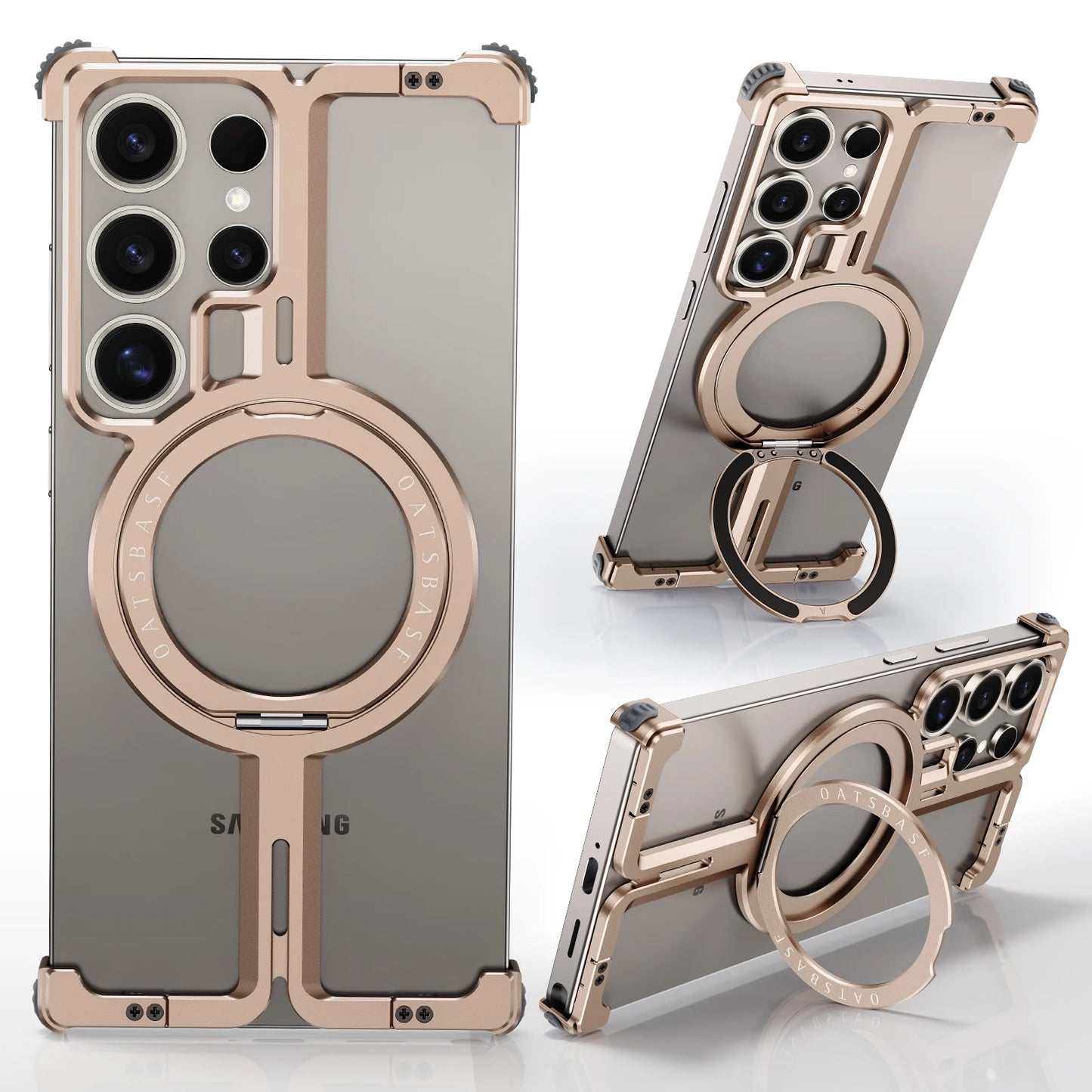 Samsung Galaxy S25 Ultra Frameless Metal Shockproof Bumper Case with Magsafe & 360° Rotatable Ring Kickstand - Desert