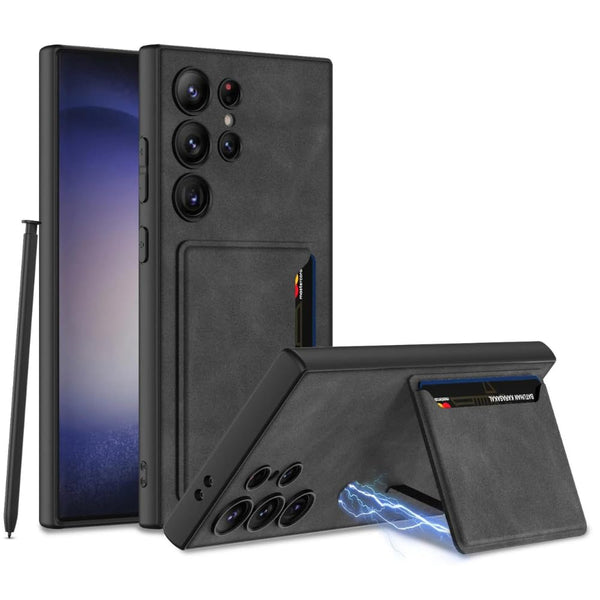 Ultra Hybrid Premium Leather Card Holder Kickstand Case for Samsung Galaxy S24 Ultra Back Case-Black