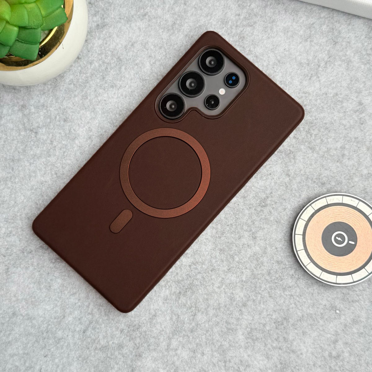 Samsung Galaxy S26 Ultra Leather Case with Metal Magsafe Ring - Brown