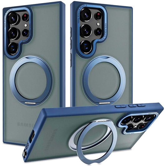 Samsung Galaxy S23 Ultra Shockproof Translucent Matte Case with 360° Rotatable Magnetic Magsafe Ring & Kickstand - Blue