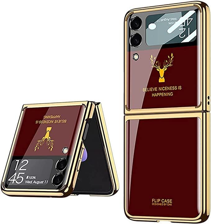Samsung Galaxy Z Flip 3 Deer Pattern Glass Case-Wine
