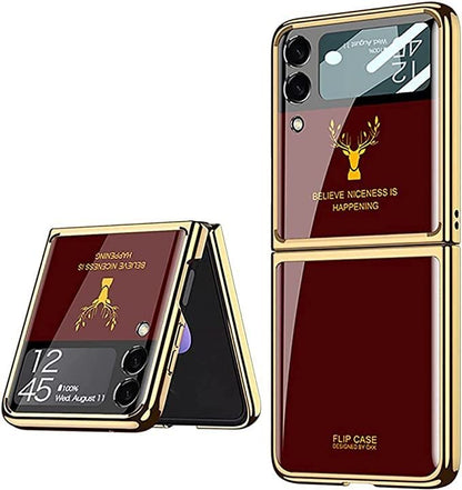 Samsung Galaxy Z Flip 3 Deer Pattern Glass Case-Wine