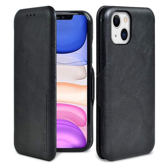 iPhone 13 Leather Wallet Back Case with Card Slot and Kickstand-Black