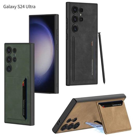 Ultra Hybrid Premium Leather Card Holder Kickstand Case for Samsung Galaxy S24 Ultra Back Case-Black