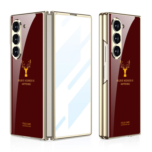 Samsung Galaxy Z Fold 6 Luxury Gold Plating Deer Glass Finish Case - Red