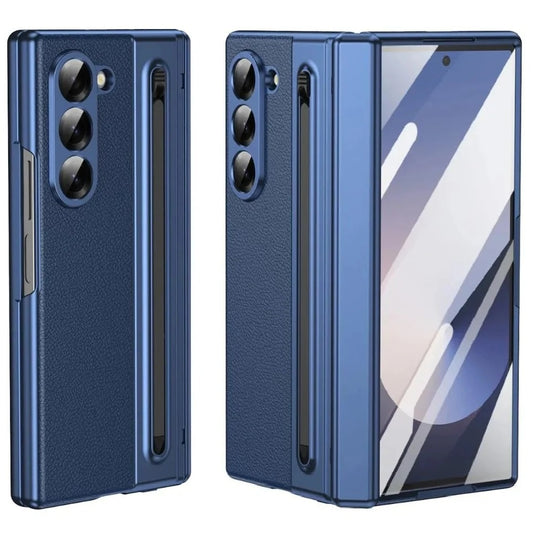 Samsung Galaxy Z Fold 6 Electroplating Leather Case with S Pen & Front Glass Protection - Blue