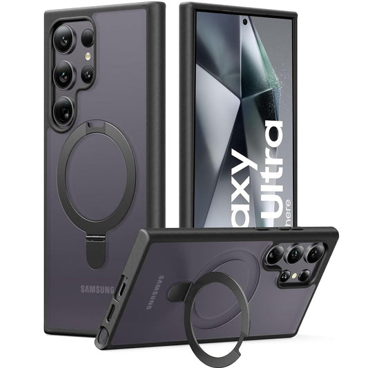 Samsung Galaxy S24 Ultra Matte Shockproof Case with Magsafe & 360° Magnetic Rotting Ring - Black