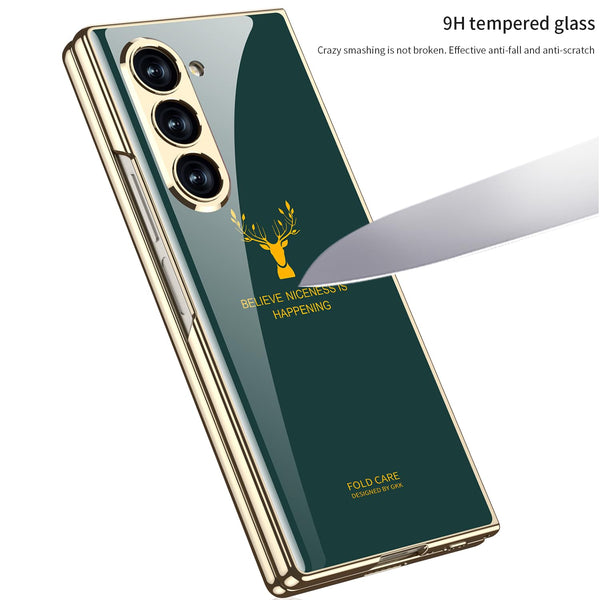Samsung Galaxy Z Fold 6 Luxury Gold Plating Deer Glass Case - Green