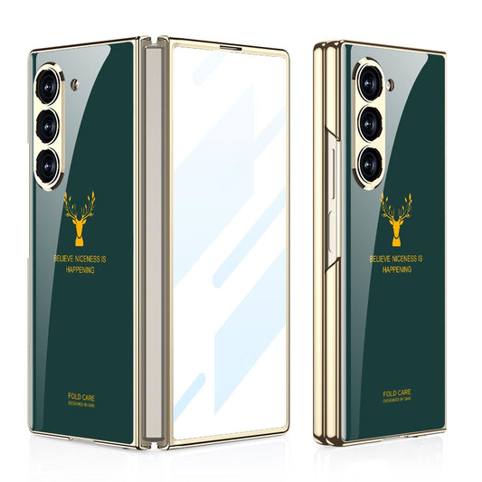 Samsung Galaxy Z Fold 6 Luxury Gold Plating Deer Glass Case - Green