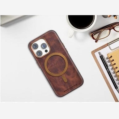 iPhone 14 Icon Leather Case with Metal MagSafe Ring - Brown