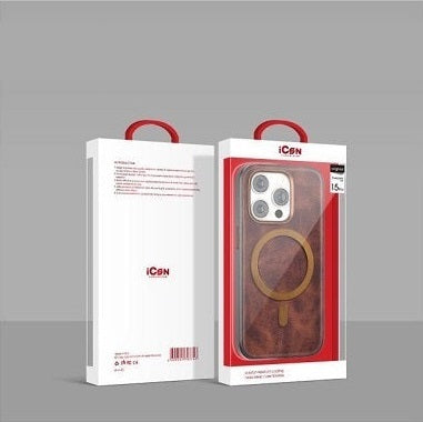 iPhone 14 Icon Leather Case with Metal MagSafe Ring - Brown