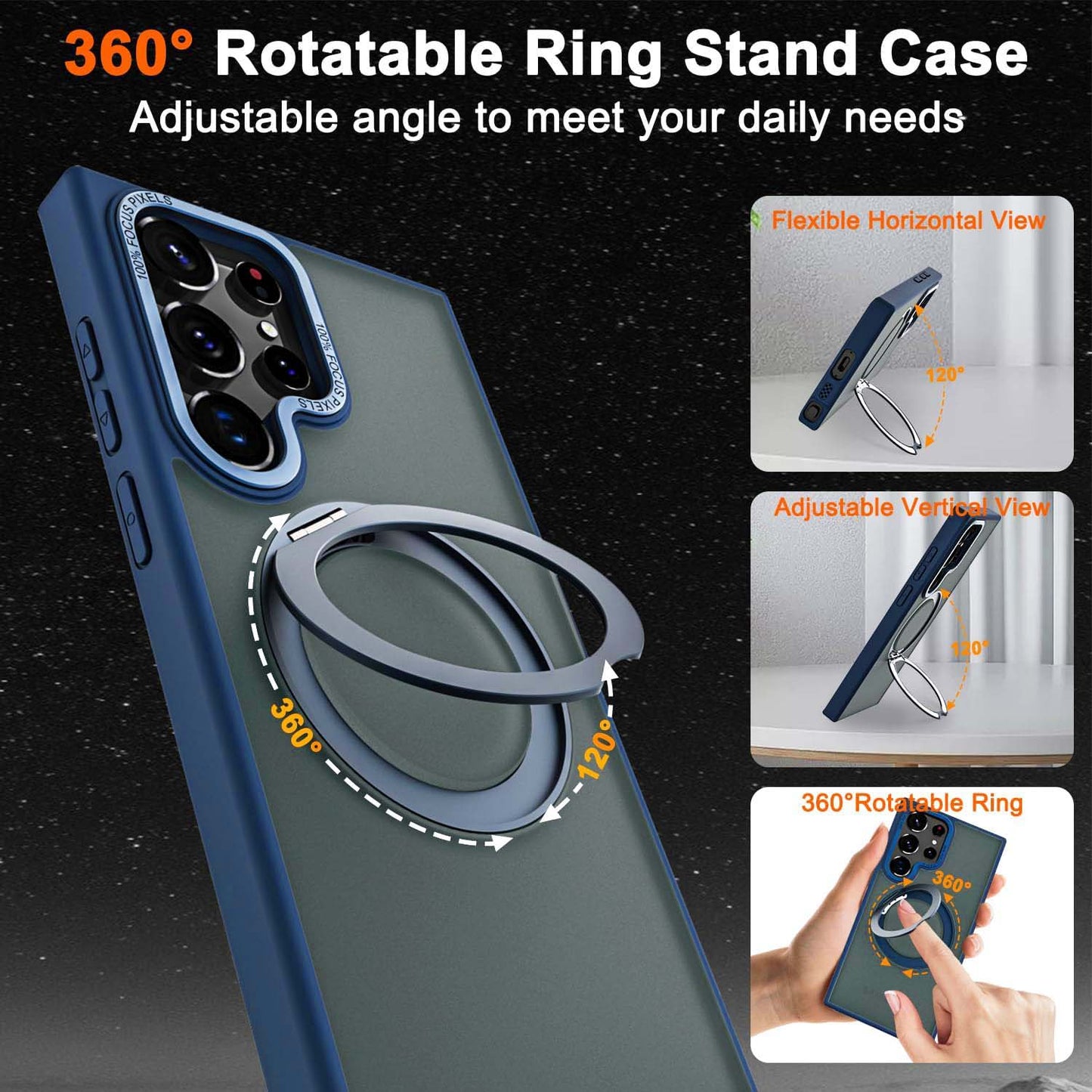 Samsung Galaxy S23 Ultra Shockproof Translucent Matte Case with 360° Rotatable Magnetic Magsafe Ring & Kickstand - Blue