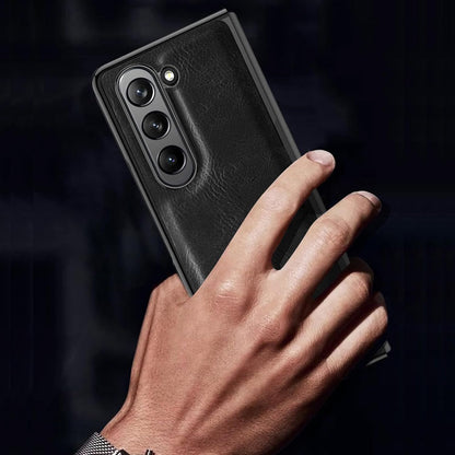 Samsung Galaxy Z Fold 5 Chrome Plated Leather Case With Front Glass - Black