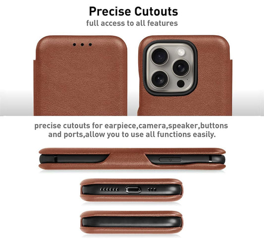 iPhone 15 Pro Max Leather Flip Cover Wallet Cover - Brown