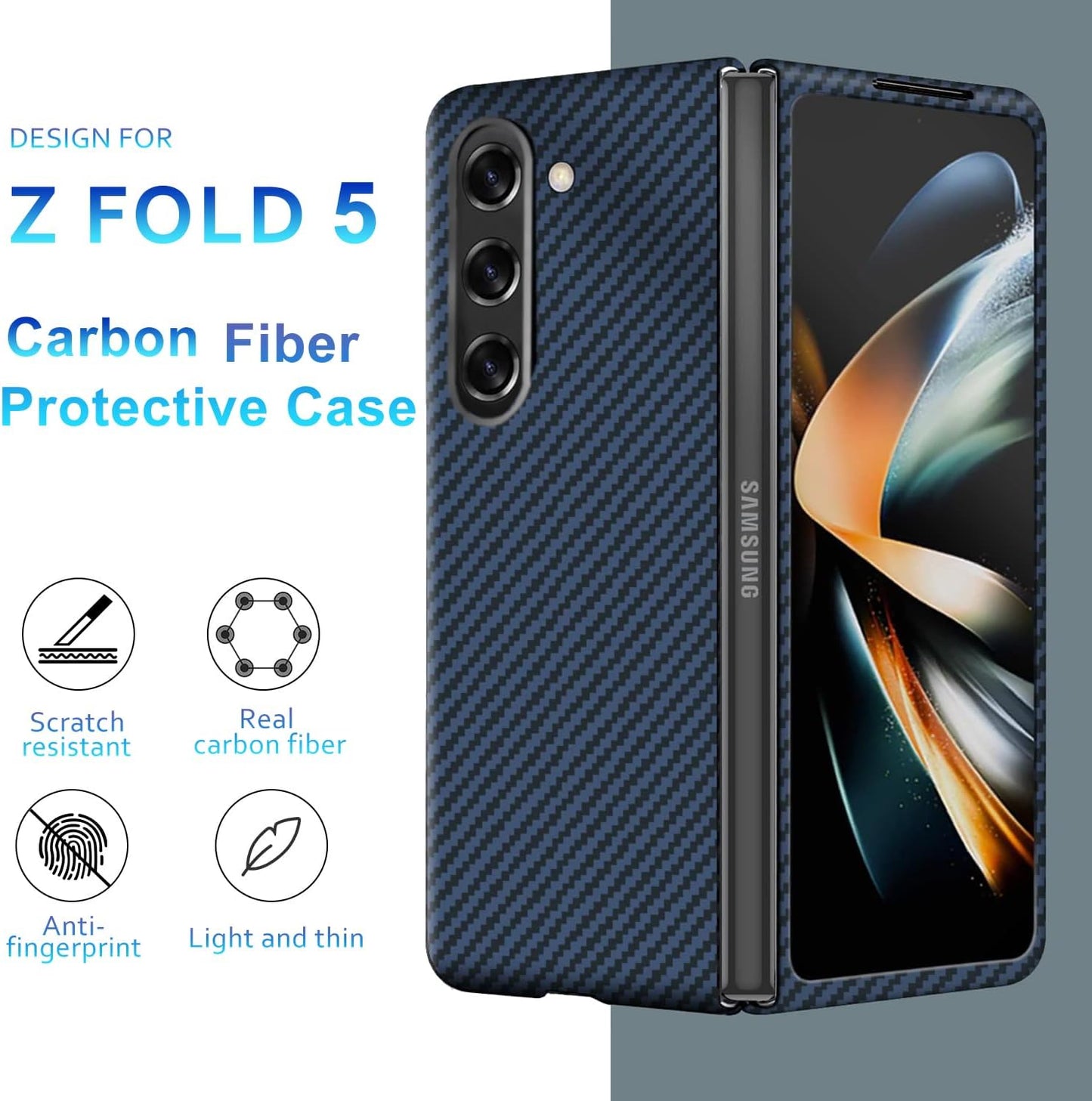 Samsung Galaxy Z Fold 5 Carbon Fiber Real Aramid Shockproof Case - Blue