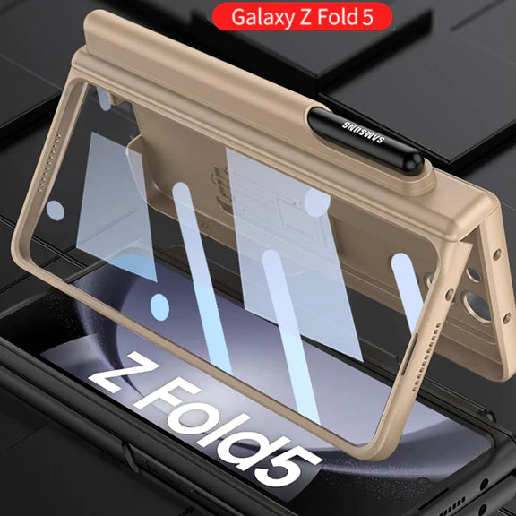 Samsung Galaxy Z Fold 5 Anti-Drop Protective Case With Front Glass & Pen Holder-Silver