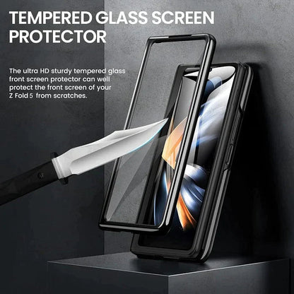 Samsung Galaxy Z Fold 3 Leather Carbon Fiber Slim Fit Case With Front Glass- Brown