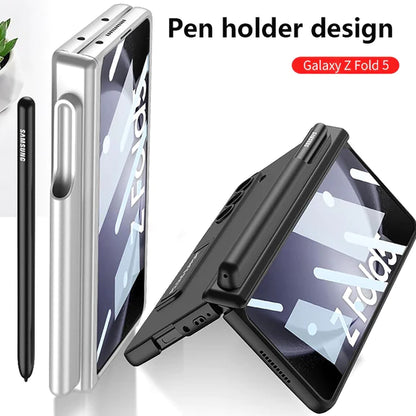 Samsung Galaxy Z Fold 5 Anti-Drop Protective Case With Front Glass & Pen Holder-Silver