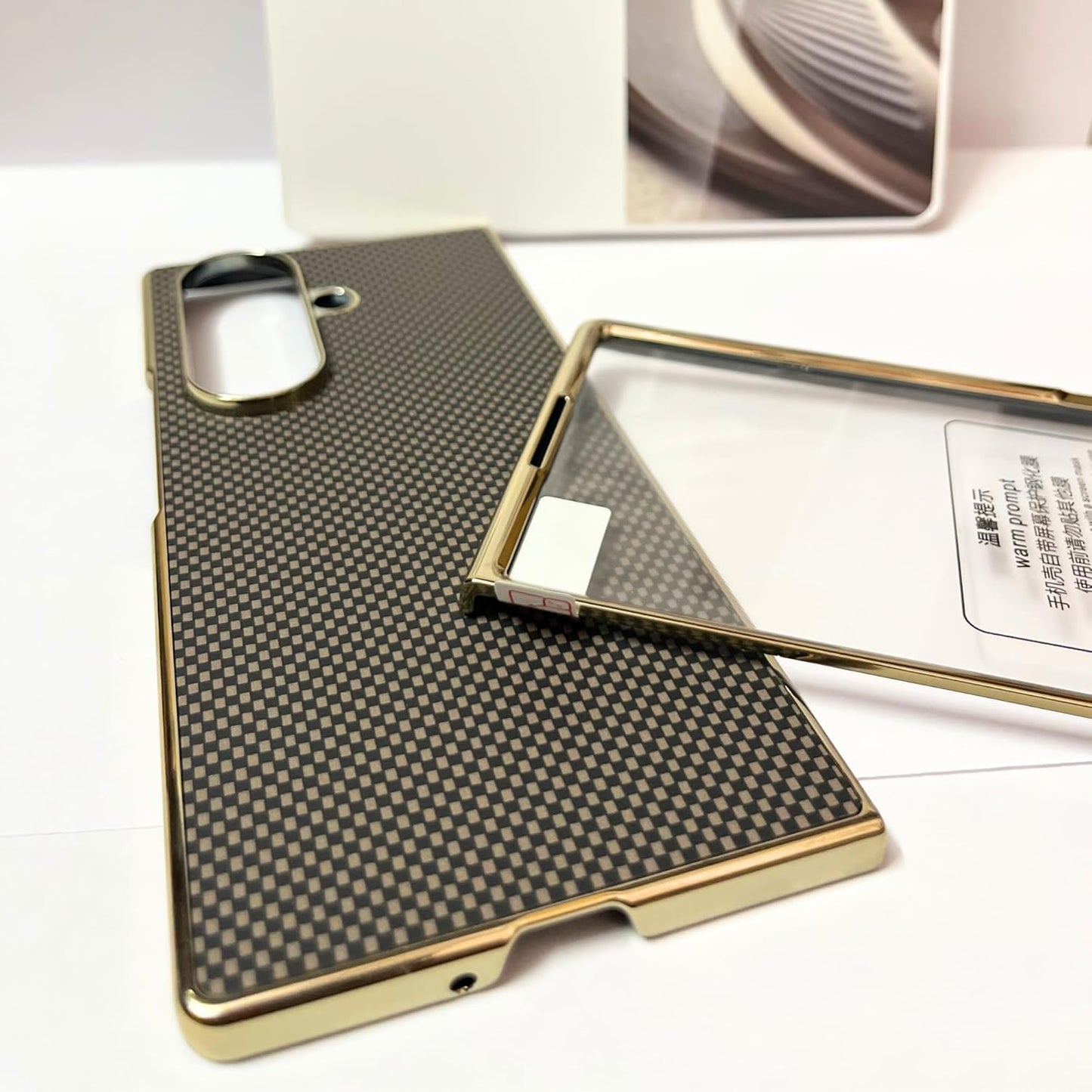 Samsung Galaxy Z Fold 7 Luxury Gold Plating Carbon Fiber Finish Case with Front Glass Protection - Black