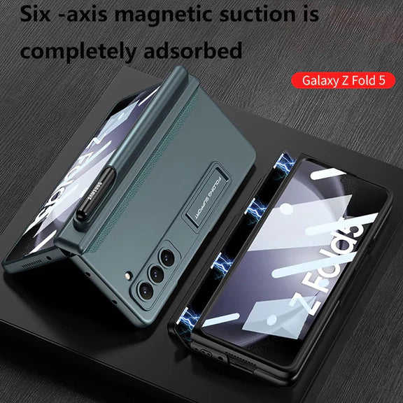 Samsung Galaxy Z Fold 5 Anti-Drop Protective Case With Front Glass & Pen Holder-Silver