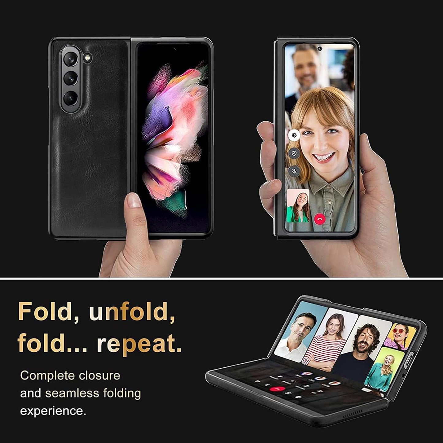 Samsung Galaxy Z Fold 5 Chrome Plated Leather Case With Front Glass - Black