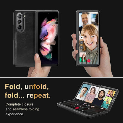 Samsung Galaxy Z Fold 5 Chrome Plated Leather Case With Front Glass - Black