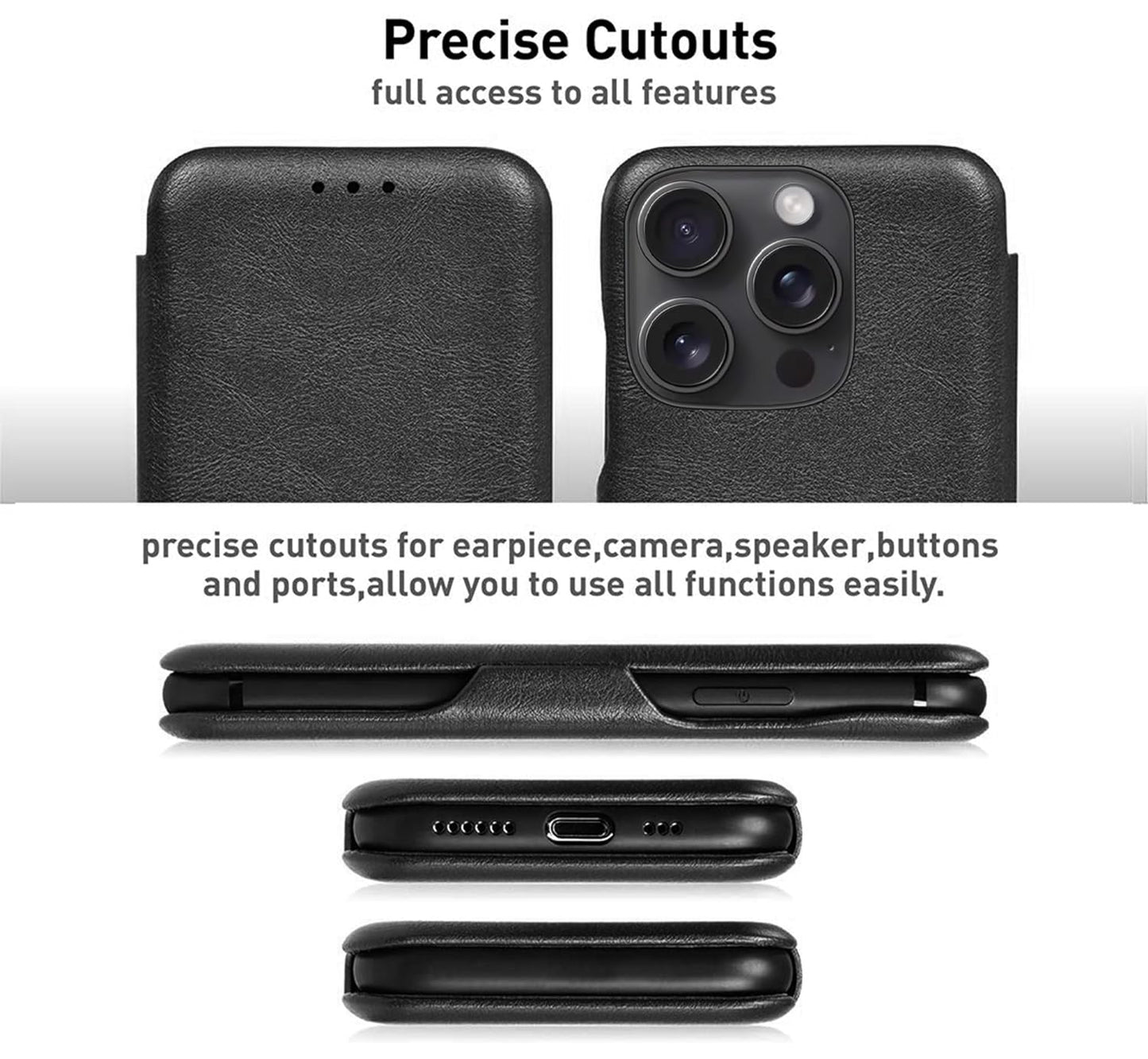 iPhone 15 Pro Leather Flip Cover Wallet Case - Black