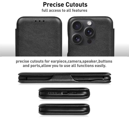 iPhone 15 Pro Leather Flip Cover Wallet Case - Black