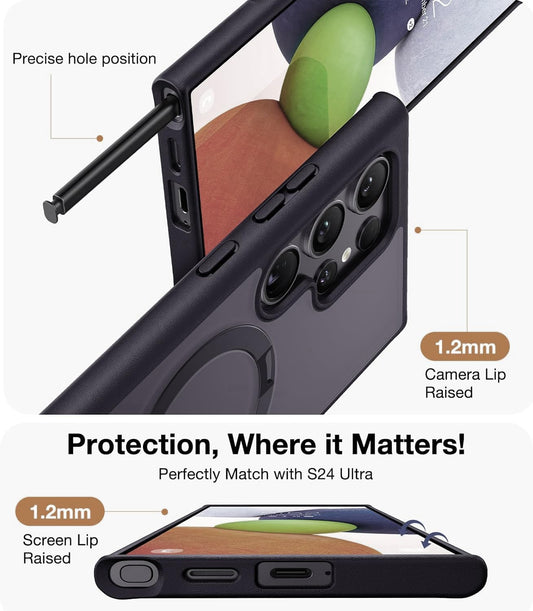 Samsung Galaxy S24 Ultra Matte Shockproof Case with Magsafe & 360° Magnetic Rotting Ring - Black