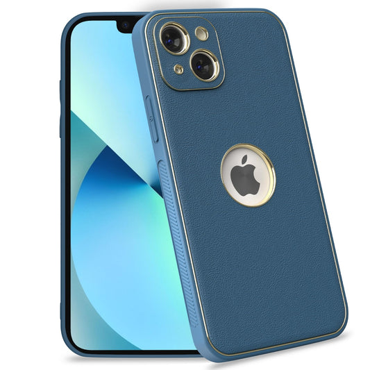 iPhone 13 Leather Silver Electroplated Chrome Back Cover-Blue