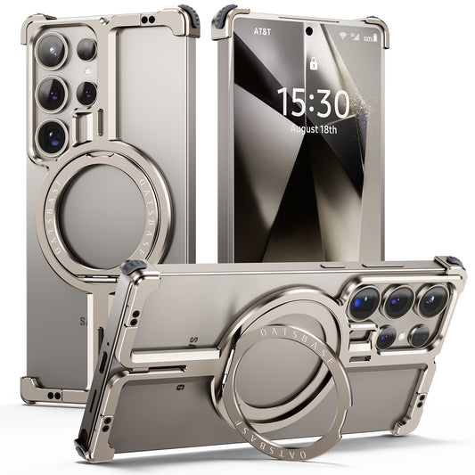 Samsung Galaxy S25 Ultra Frameless Metal Shockproof Bumper Case with Magsafe & 360° Rotatable Ring Kickstand - Titanium