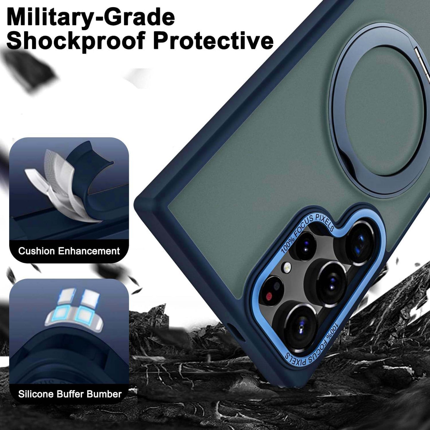 Samsung Galaxy S23 Ultra Shockproof Translucent Matte Case with 360° Rotatable Magnetic Magsafe Ring & Kickstand - Blue
