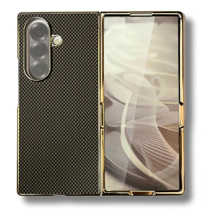 Samsung Galaxy Z Fold 7 Luxury Gold Plating Carbon Fiber Finish Case with Front Glass Protection - Black/Pink