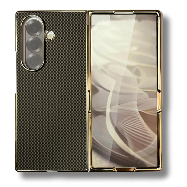 Samsung Galaxy Z Fold 7 Luxury Gold Plating Carbon Fiber Finish Case with Front Glass Protection - Black/Pink