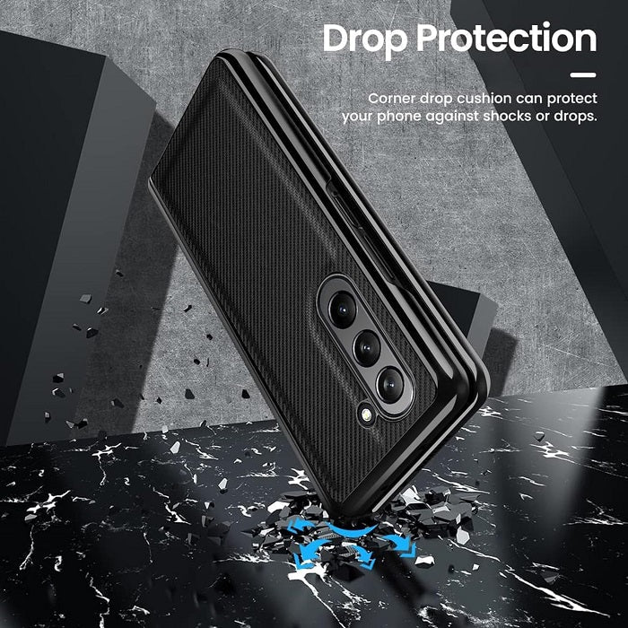 Samsung Galaxy Z Fold 5 Carbon Leather Slim Fit Case With Glass- Black