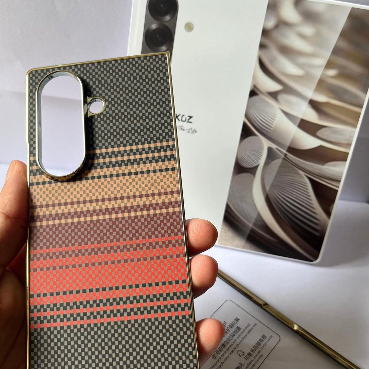 Samsung Galaxy Z Fold 7 Luxury Gold Plating Carbon Fiber Finish Case with Front Glass Protection - Sun - Red