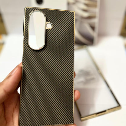 Samsung Galaxy Z Fold 7 Luxury Gold Plating Carbon Fiber Finish Case with Front Glass Protection - Black