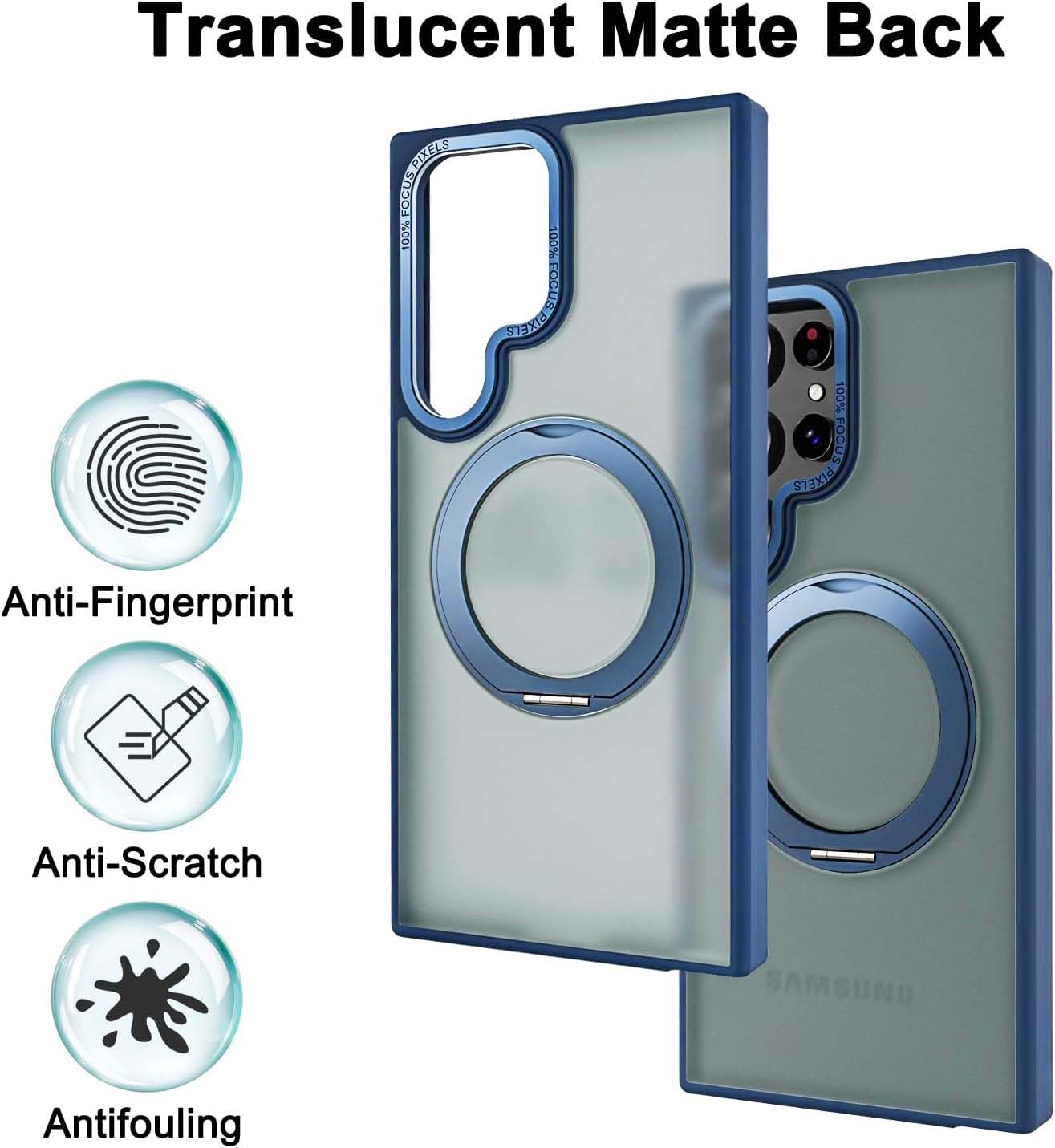 Samsung Galaxy S23 Ultra Shockproof Translucent Matte Case with 360° Rotatable Magnetic Magsafe Ring & Kickstand - Blue