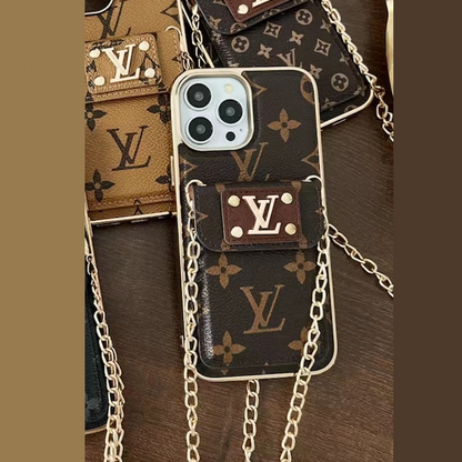 iPhone 16 Pro Louis Vuitton LV Leather Case with Gold Plated Chain & Pocket - Brown
