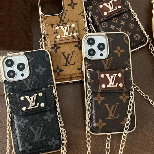 iPhone 16 Pro Louis Vuitton LV Leather Case with Gold Plated Chain & Pocket - Brown