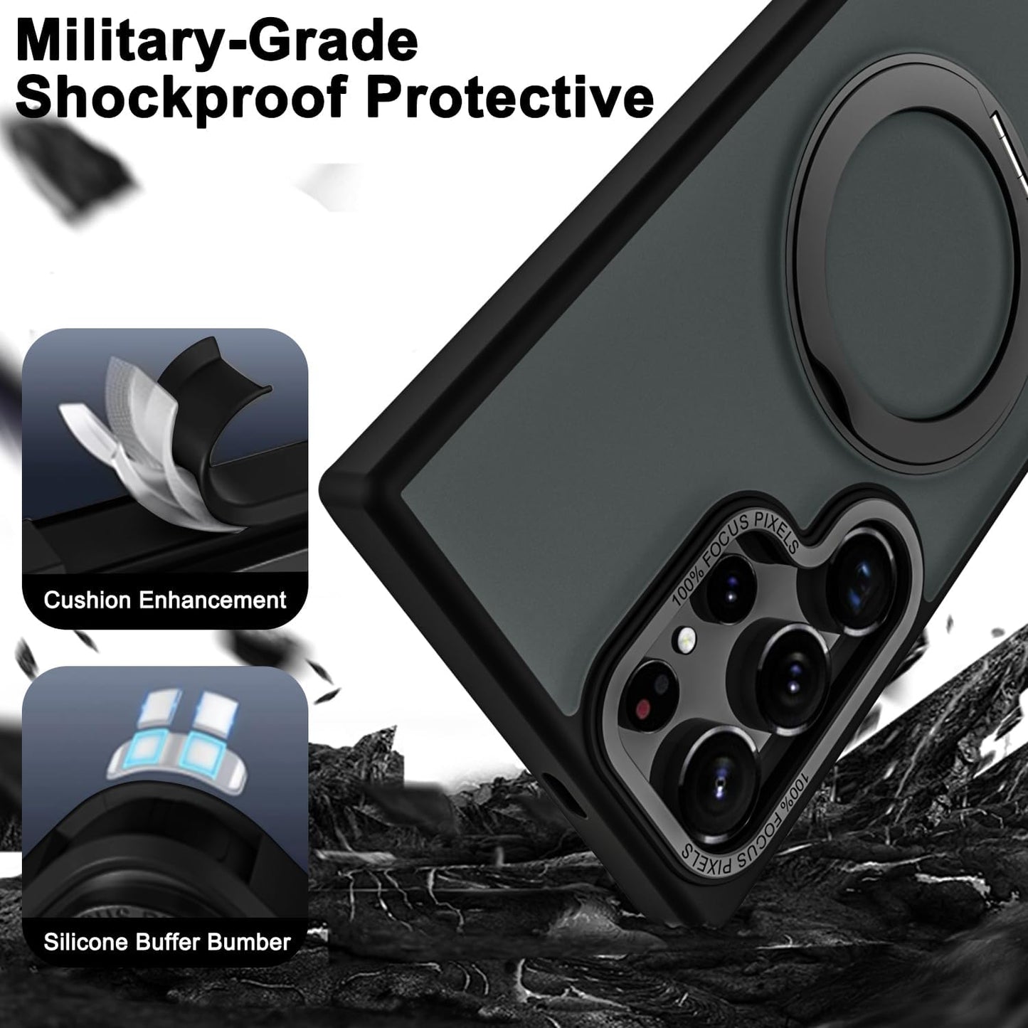 Samsung Galaxy S23 Ultra Shockproof Translucent Matte Case with 360° Rotatable Magnetic Magsafe Ring & Kickstand - Black